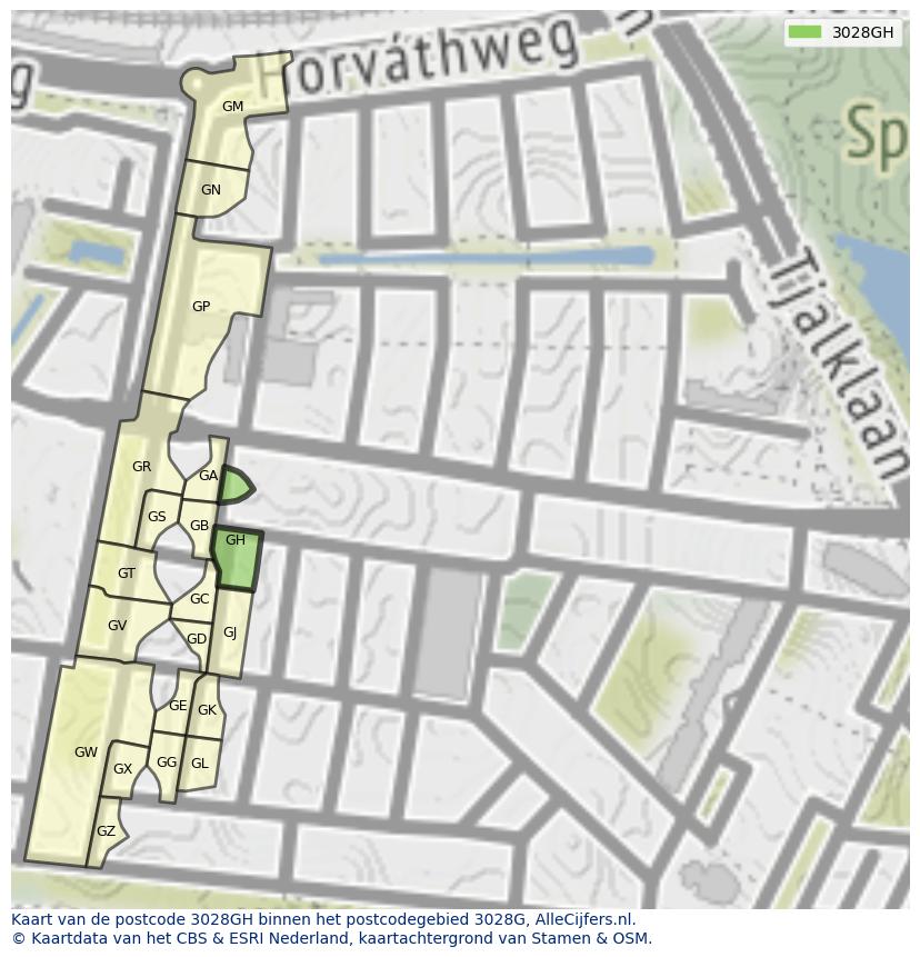 Afbeelding van het postcodegebied 3028 GH op de kaart.