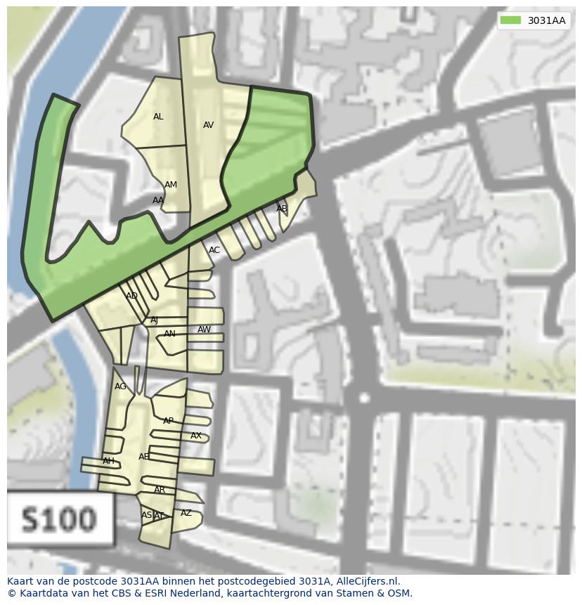 Afbeelding van het postcodegebied 3031 AA op de kaart.