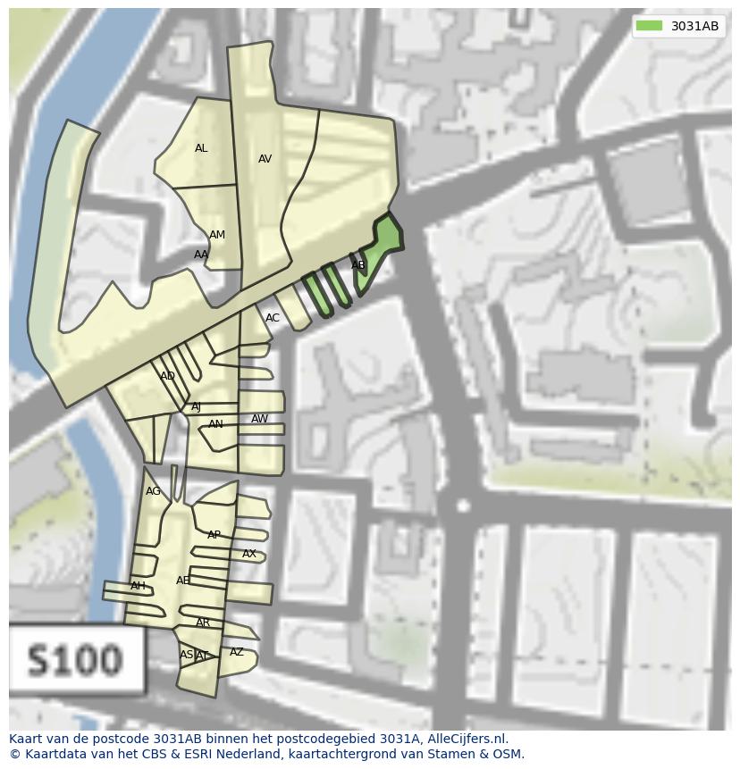 Afbeelding van het postcodegebied 3031 AB op de kaart.