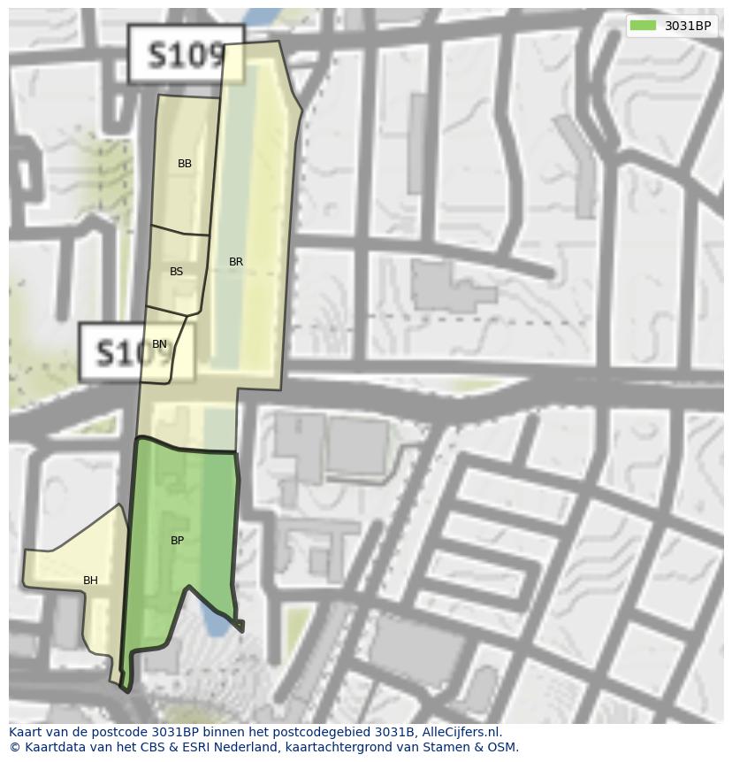 Afbeelding van het postcodegebied 3031 BP op de kaart.