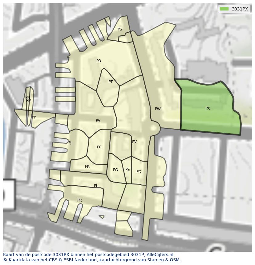 Afbeelding van het postcodegebied 3031 PX op de kaart.