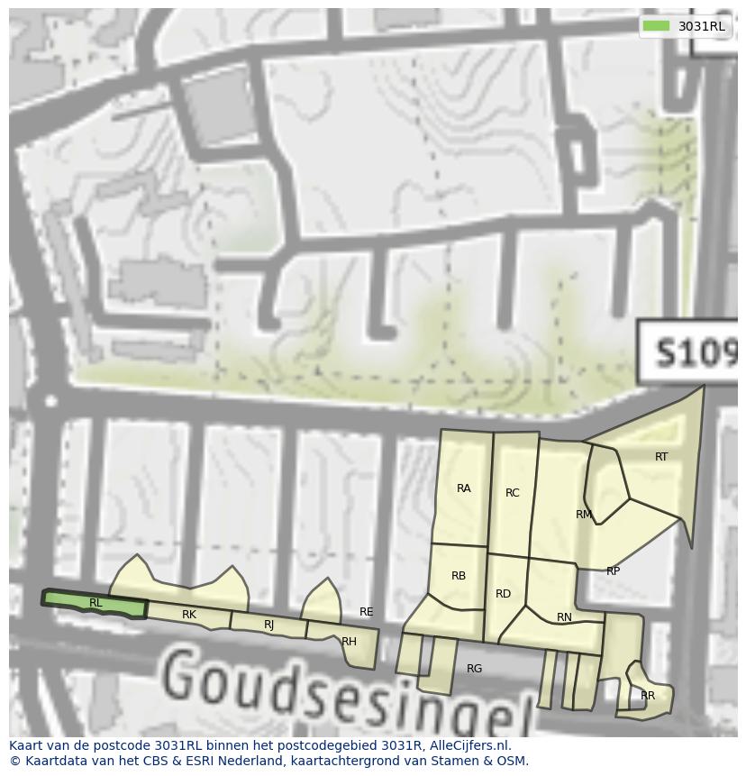 Afbeelding van het postcodegebied 3031 RL op de kaart.