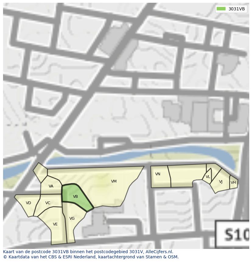 Afbeelding van het postcodegebied 3031 VB op de kaart.