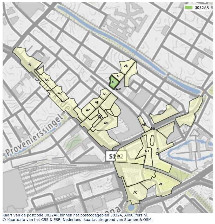 Afbeelding van het postcodegebied 3032 AR op de kaart.