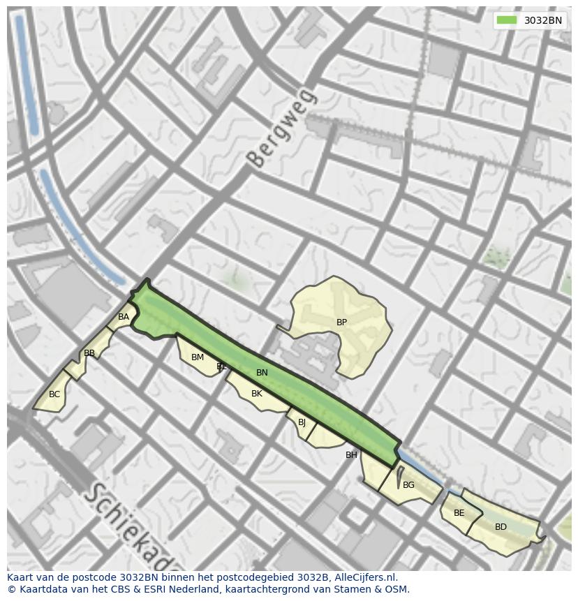 Afbeelding van het postcodegebied 3032 BN op de kaart.