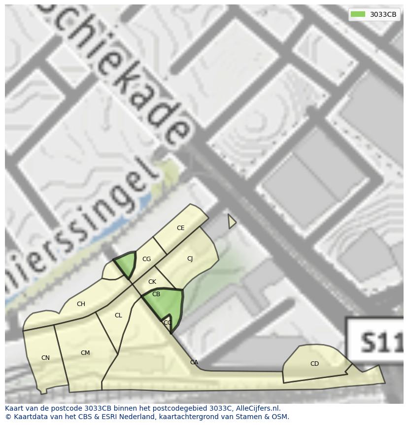 Afbeelding van het postcodegebied 3033 CB op de kaart.