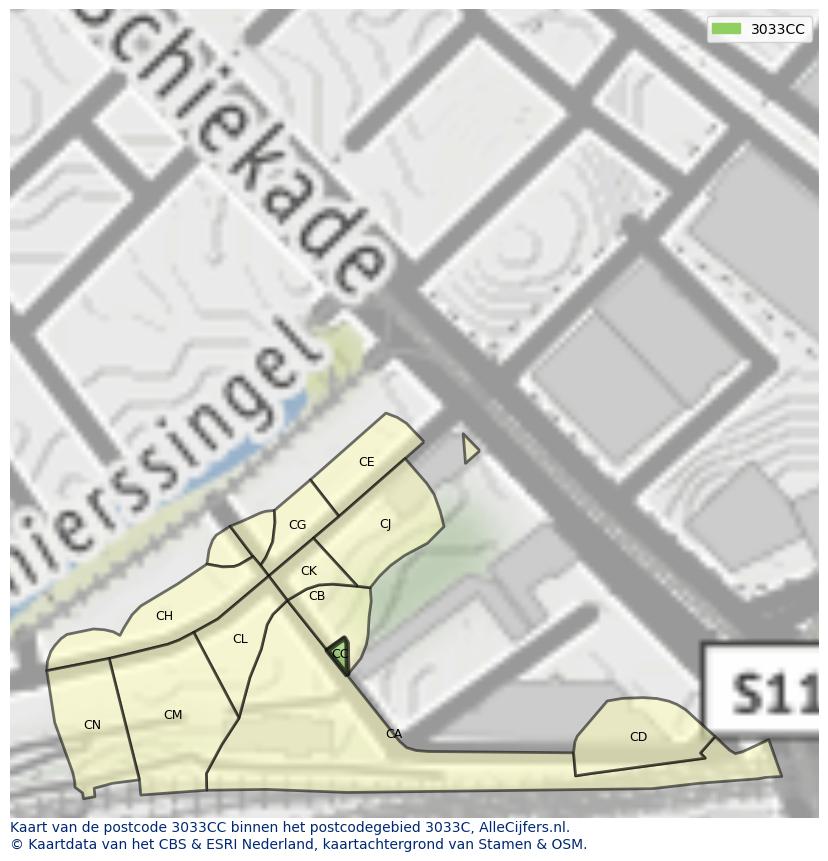 Afbeelding van het postcodegebied 3033 CC op de kaart.