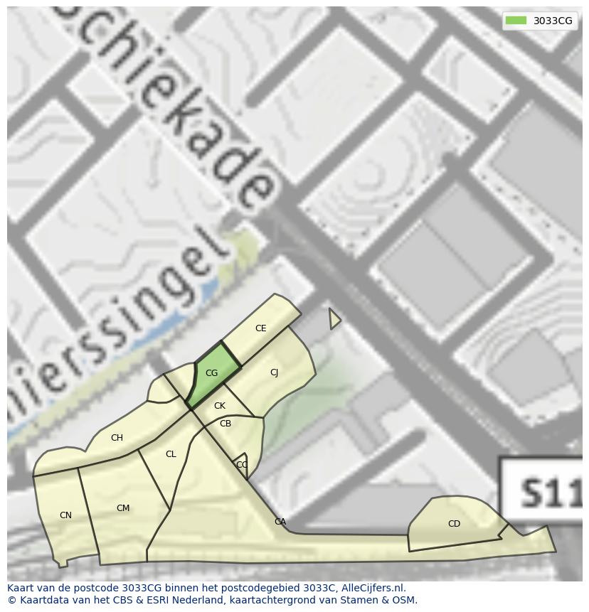 Afbeelding van het postcodegebied 3033 CG op de kaart.