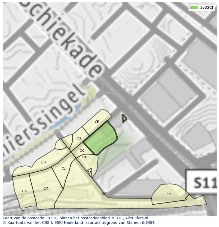Afbeelding van het postcodegebied 3033 CJ op de kaart.
