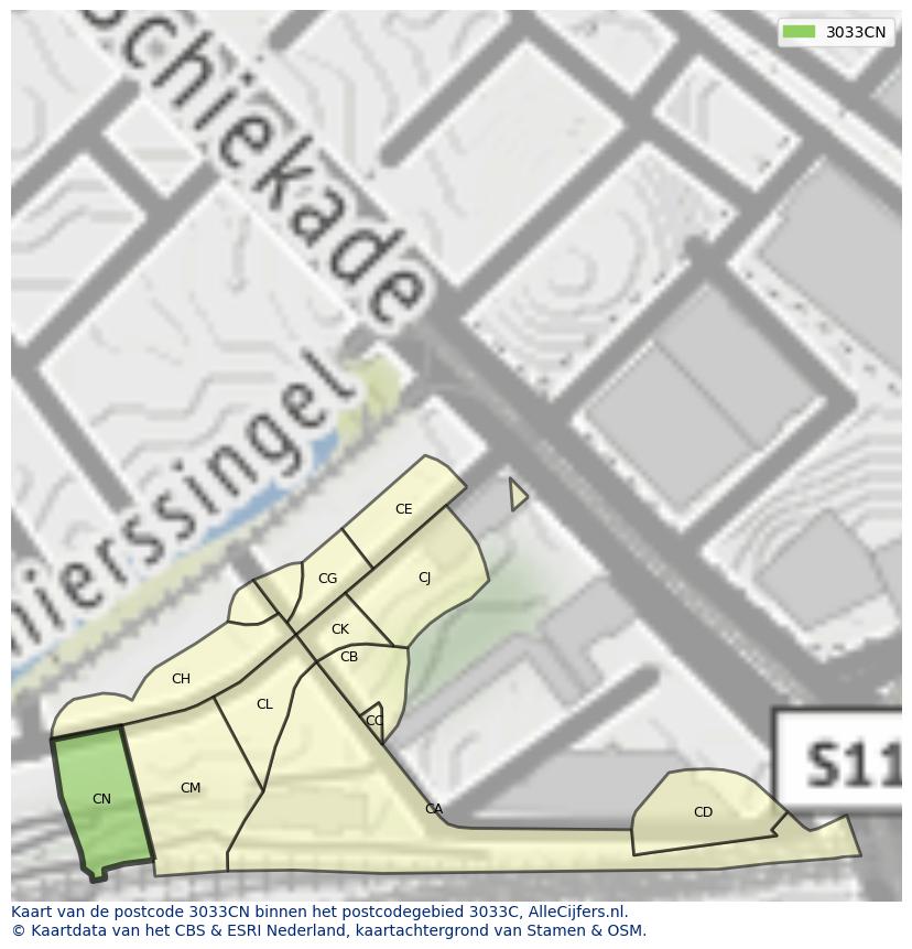 Afbeelding van het postcodegebied 3033 CN op de kaart.