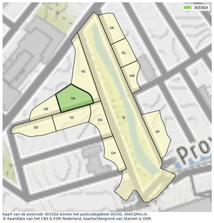 Afbeelding van het postcodegebied 3033 GA op de kaart.