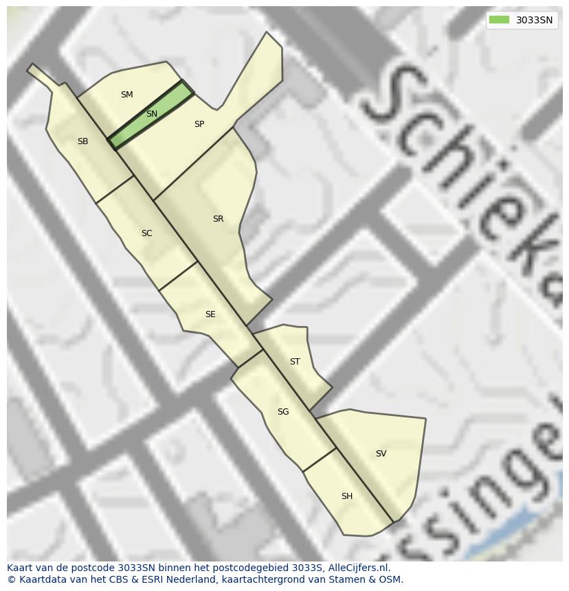 Afbeelding van het postcodegebied 3033 SN op de kaart.