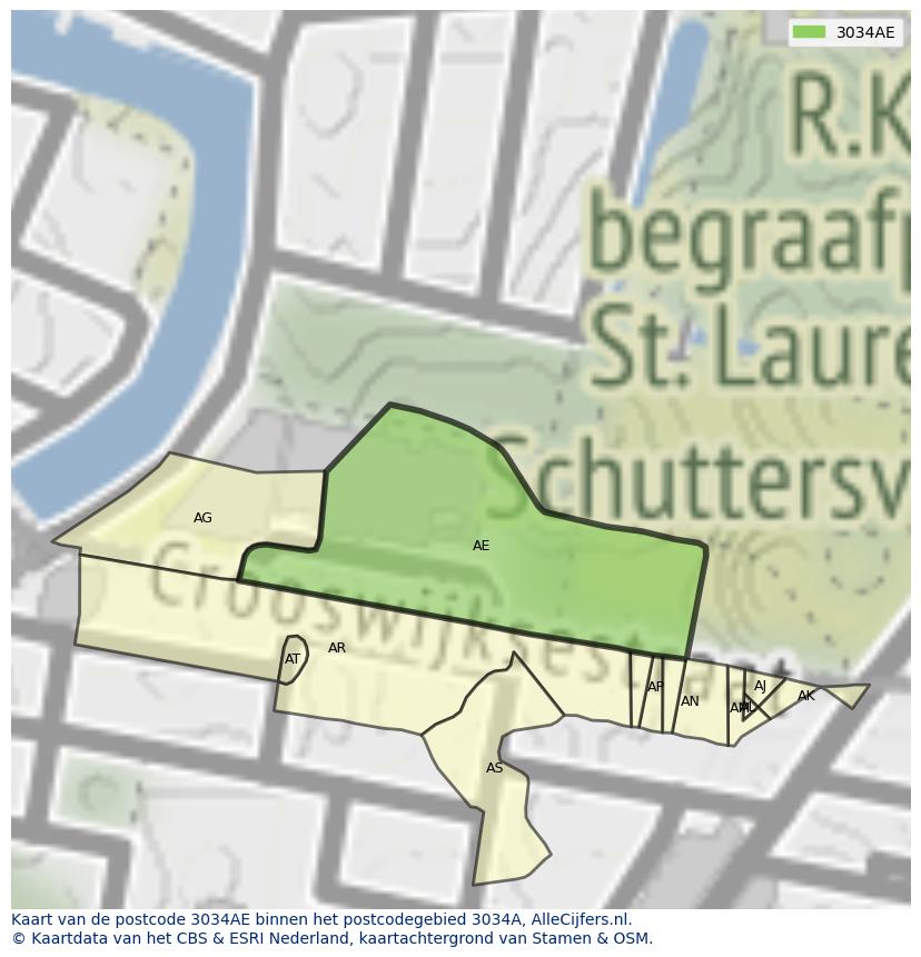 Afbeelding van het postcodegebied 3034 AE op de kaart.