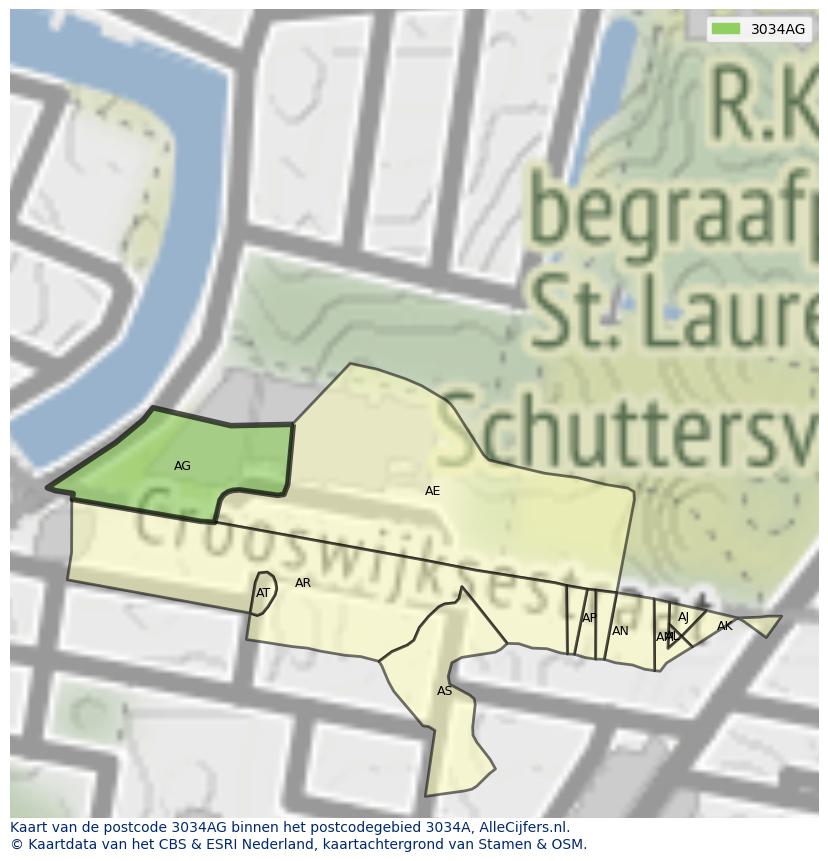 Afbeelding van het postcodegebied 3034 AG op de kaart.