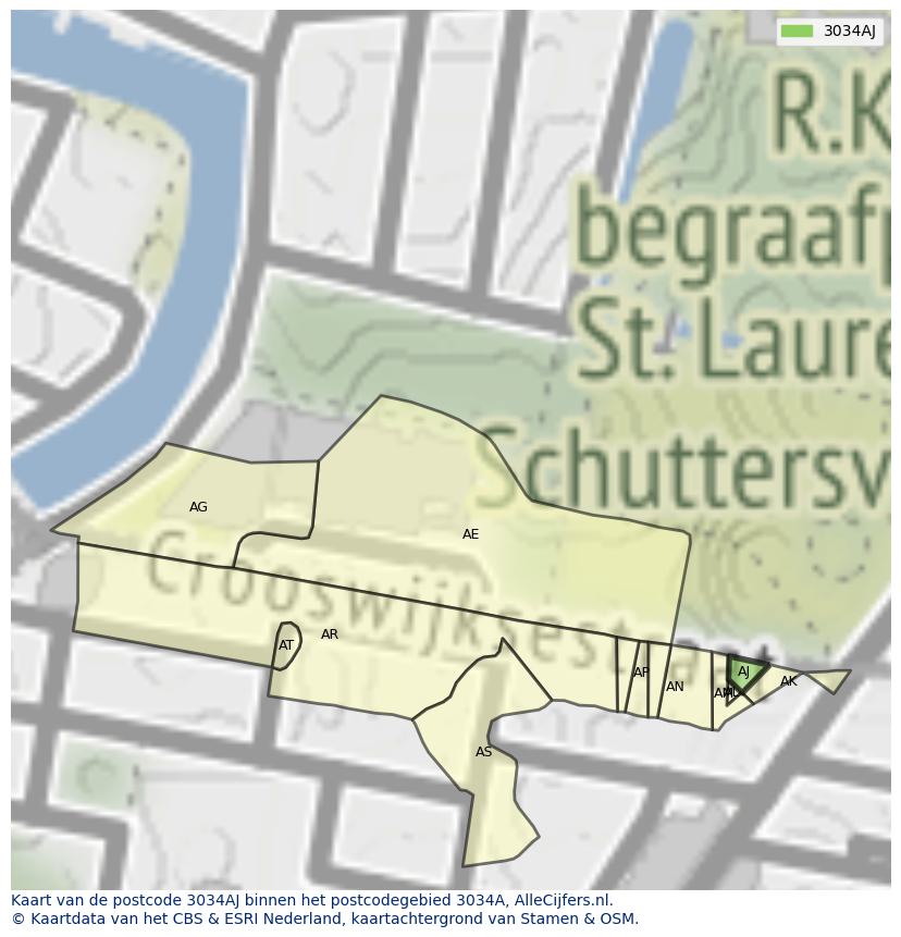 Afbeelding van het postcodegebied 3034 AJ op de kaart.