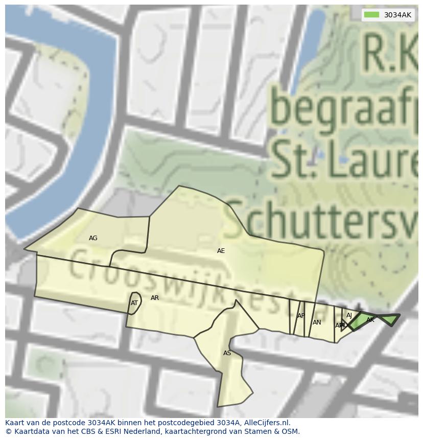 Afbeelding van het postcodegebied 3034 AK op de kaart.