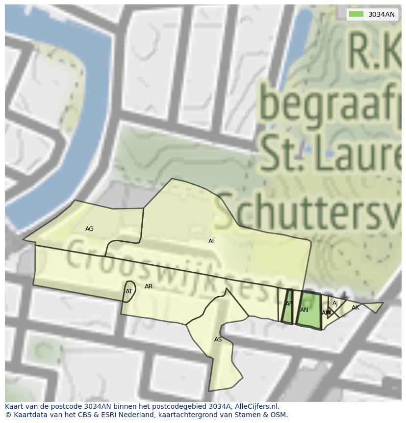 Afbeelding van het postcodegebied 3034 AN op de kaart.