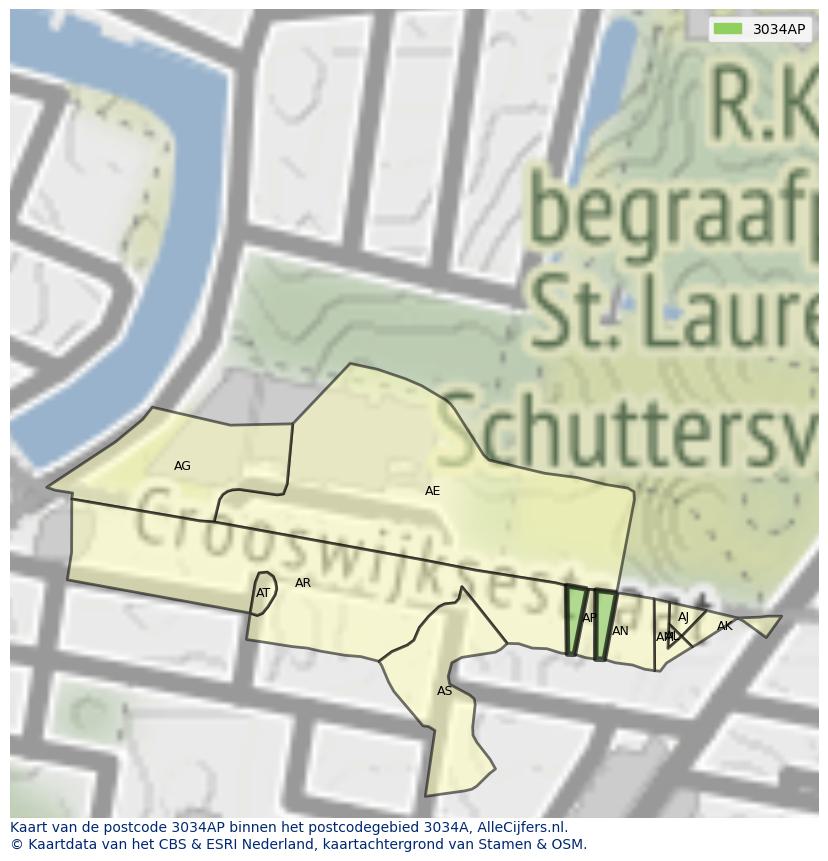 Afbeelding van het postcodegebied 3034 AP op de kaart.