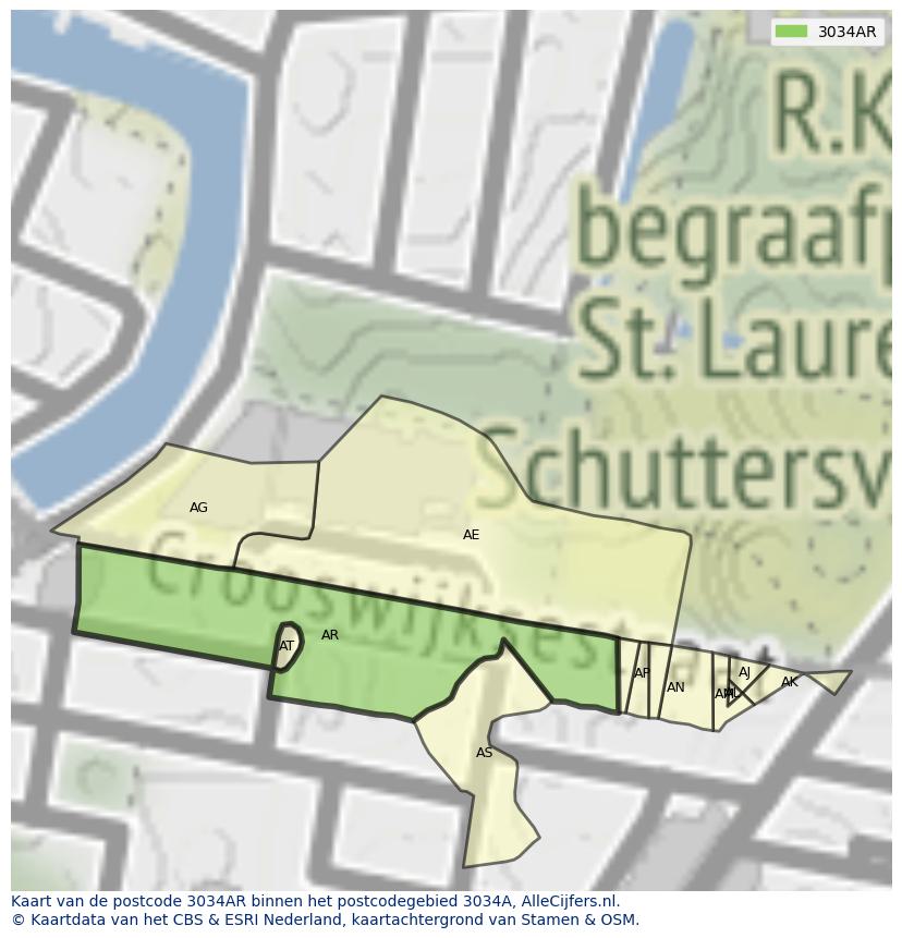 Afbeelding van het postcodegebied 3034 AR op de kaart.