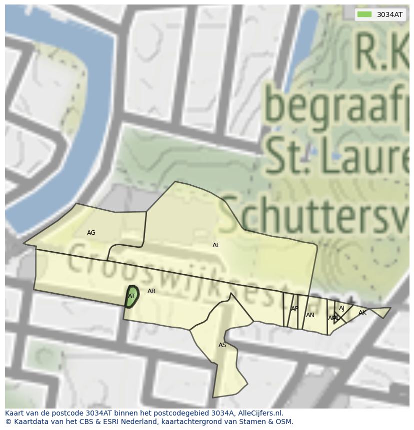 Afbeelding van het postcodegebied 3034 AT op de kaart.
