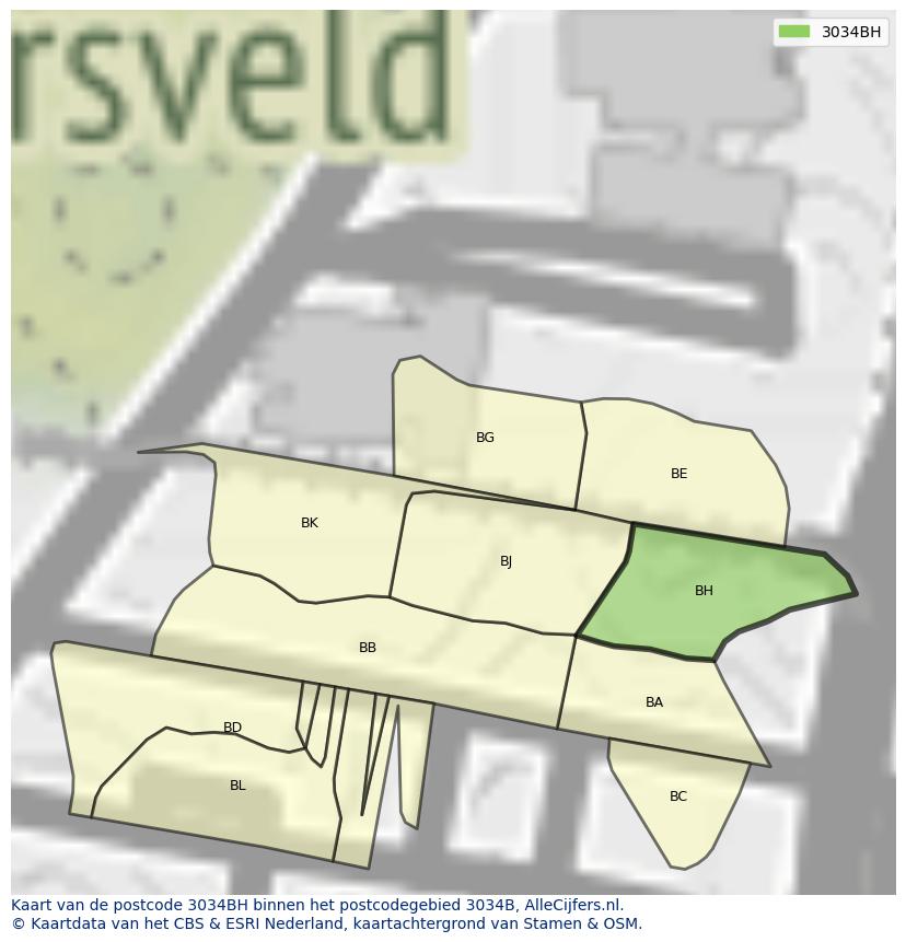 Afbeelding van het postcodegebied 3034 BH op de kaart.