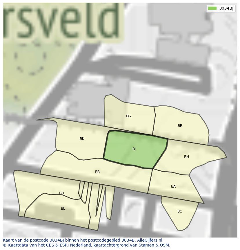 Afbeelding van het postcodegebied 3034 BJ op de kaart.