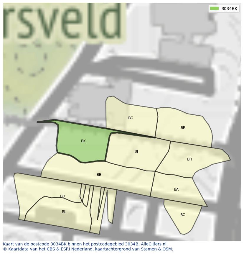Afbeelding van het postcodegebied 3034 BK op de kaart.