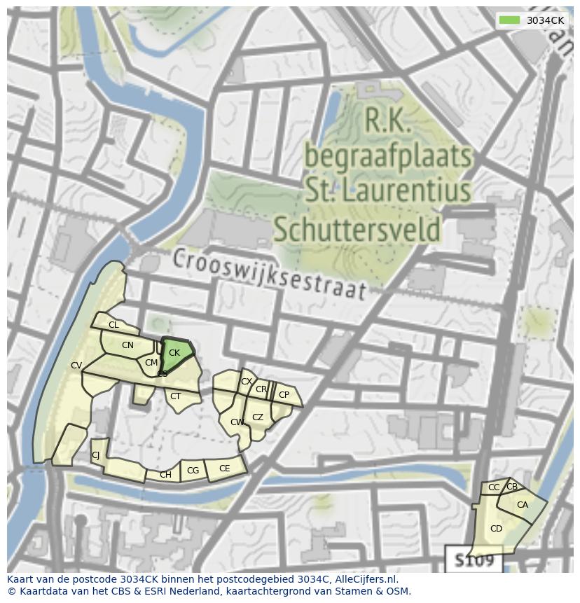 Afbeelding van het postcodegebied 3034 CK op de kaart.