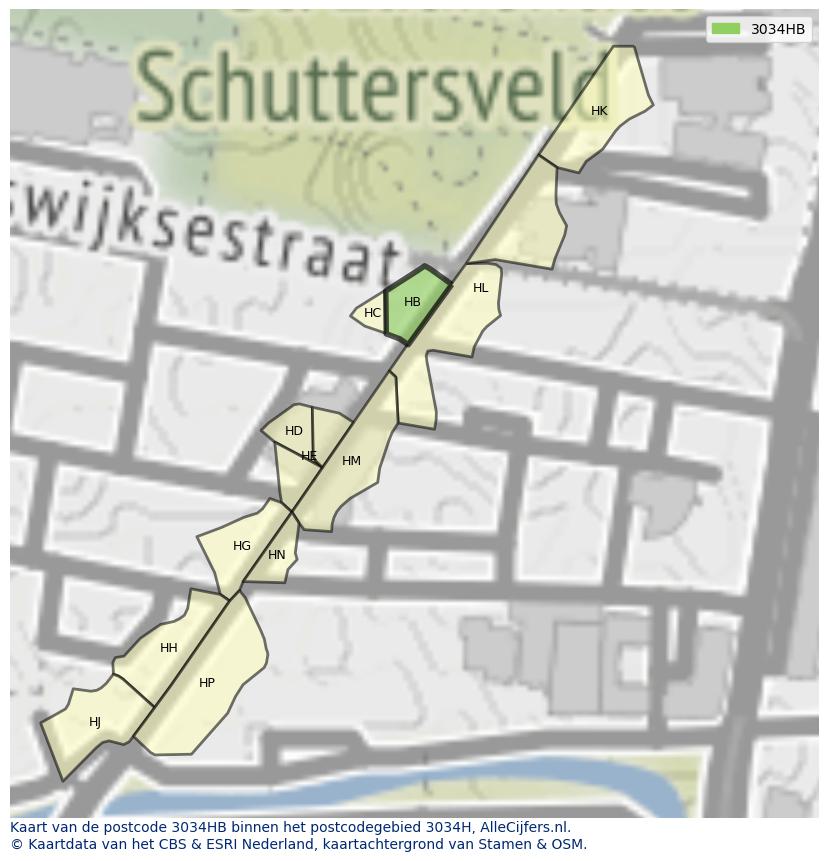 Afbeelding van het postcodegebied 3034 HB op de kaart.