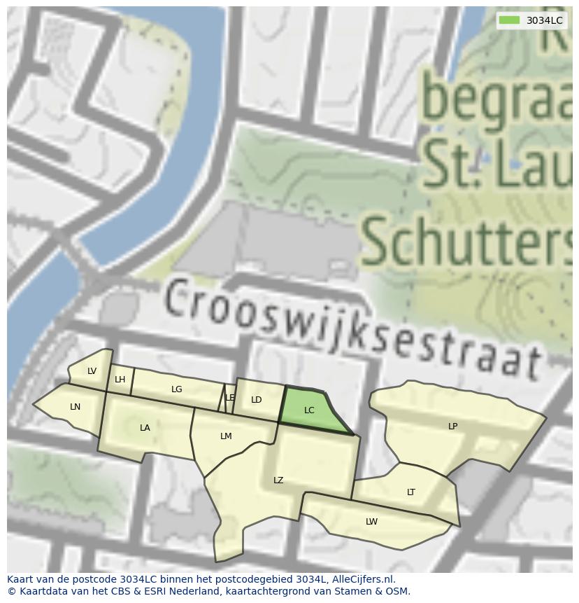 Afbeelding van het postcodegebied 3034 LC op de kaart.