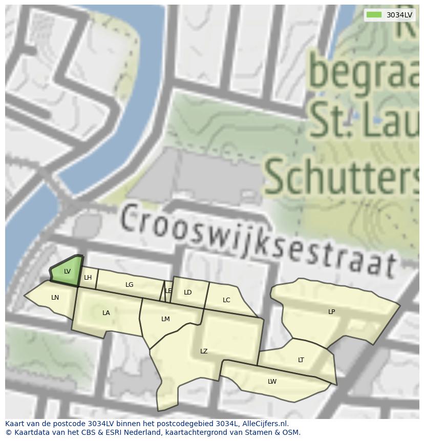 Afbeelding van het postcodegebied 3034 LV op de kaart.