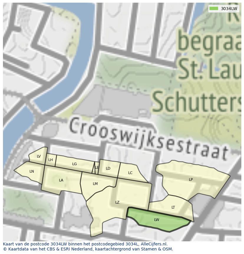 Afbeelding van het postcodegebied 3034 LW op de kaart.