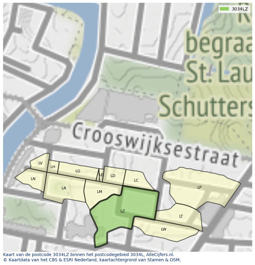 Afbeelding van het postcodegebied 3034 LZ op de kaart.