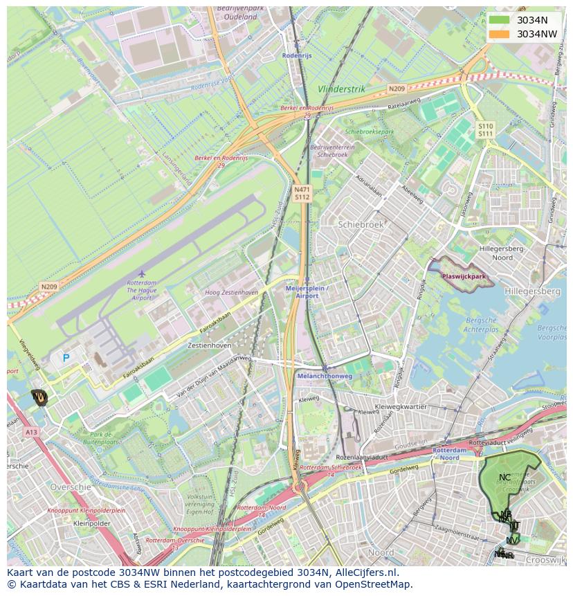 Afbeelding van het postcodegebied 3034 NW op de kaart.