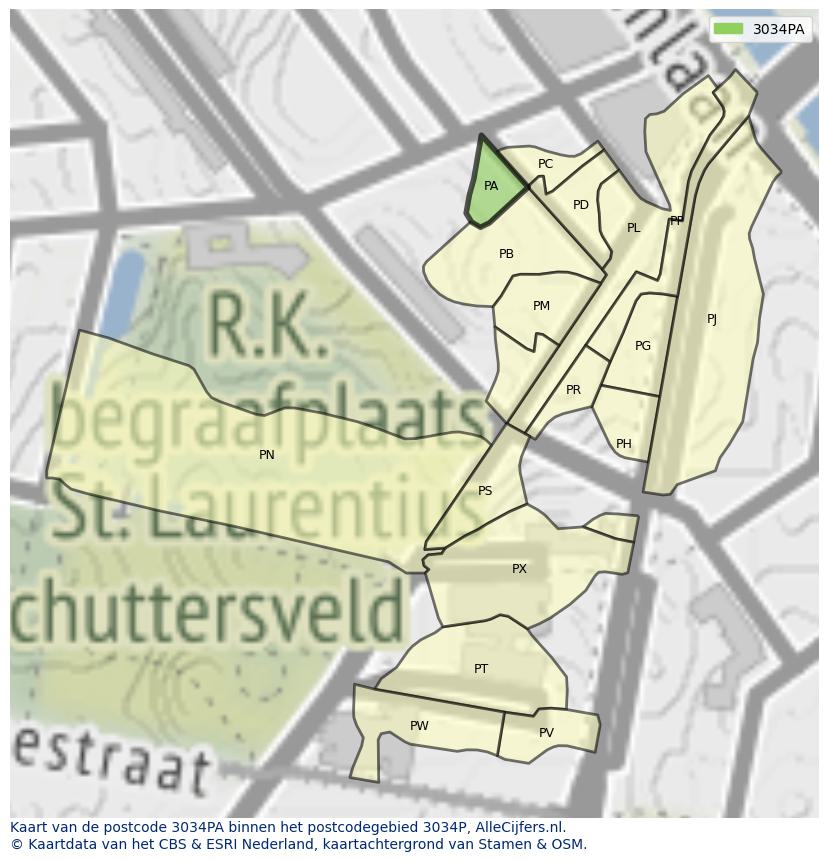 Afbeelding van het postcodegebied 3034 PA op de kaart.
