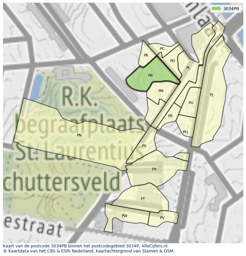 Afbeelding van het postcodegebied 3034 PB op de kaart.