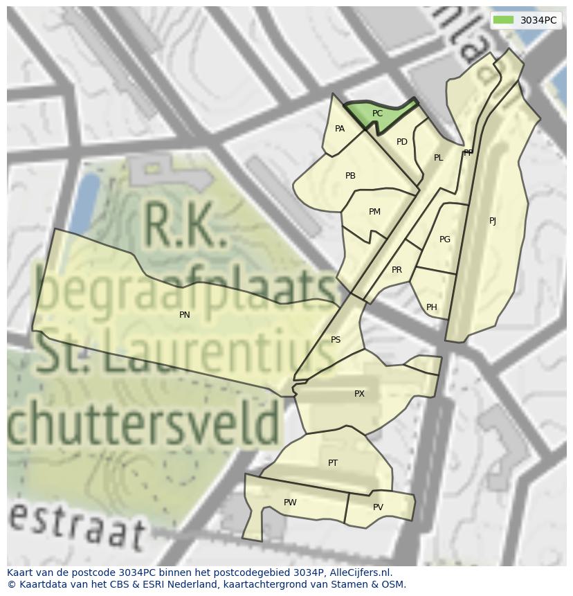 Afbeelding van het postcodegebied 3034 PC op de kaart.