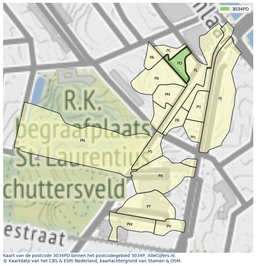 Afbeelding van het postcodegebied 3034 PD op de kaart.