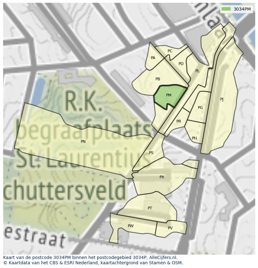 Afbeelding van het postcodegebied 3034 PM op de kaart.