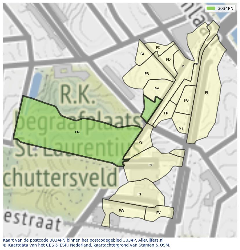 Afbeelding van het postcodegebied 3034 PN op de kaart.