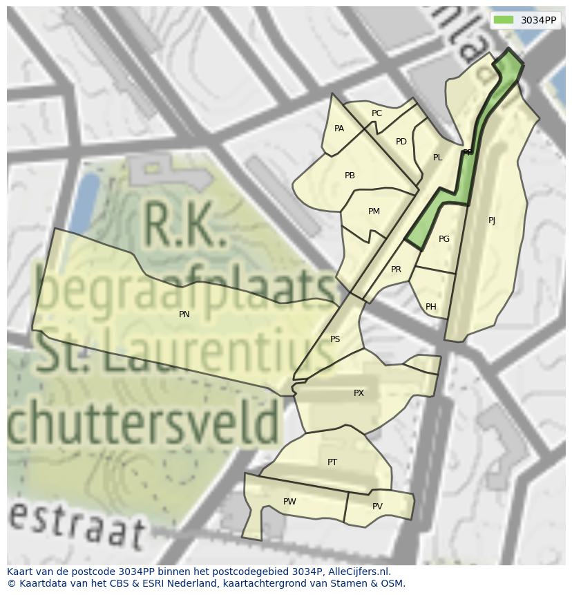 Afbeelding van het postcodegebied 3034 PP op de kaart.