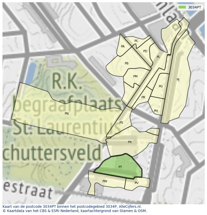 Afbeelding van het postcodegebied 3034 PT op de kaart.