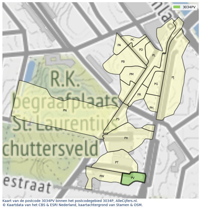 Afbeelding van het postcodegebied 3034 PV op de kaart.