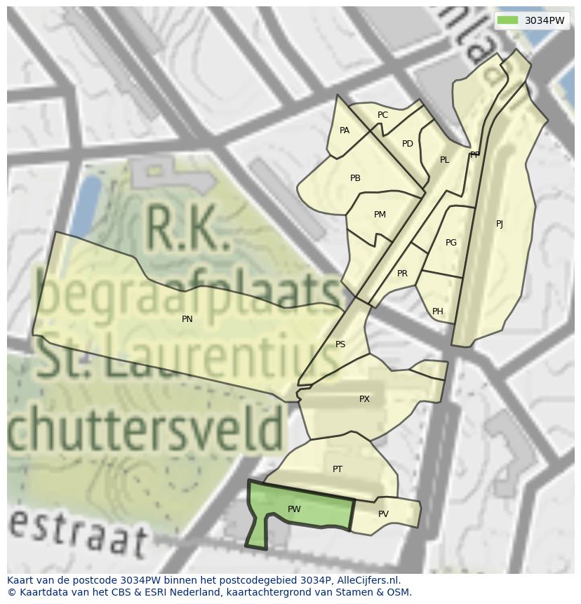 Afbeelding van het postcodegebied 3034 PW op de kaart.