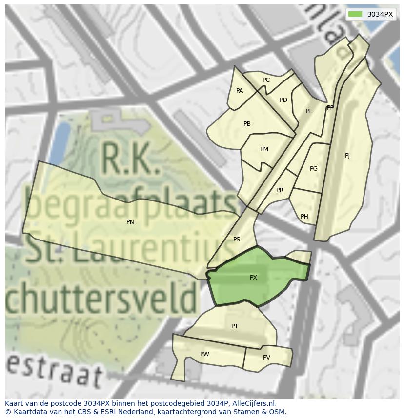 Afbeelding van het postcodegebied 3034 PX op de kaart.