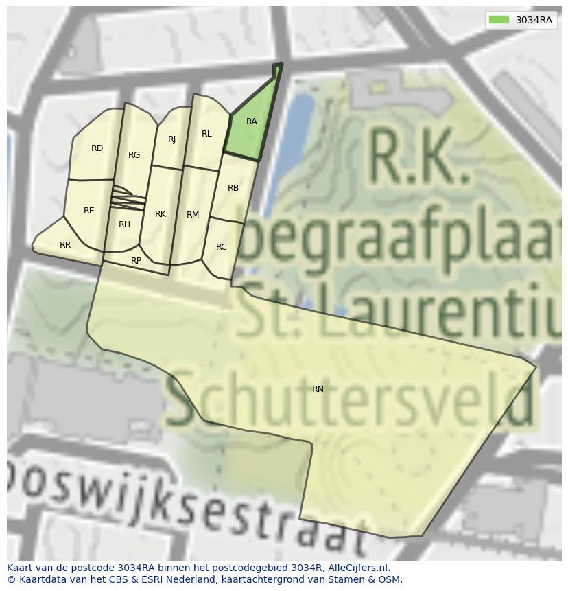 Afbeelding van het postcodegebied 3034 RA op de kaart.
