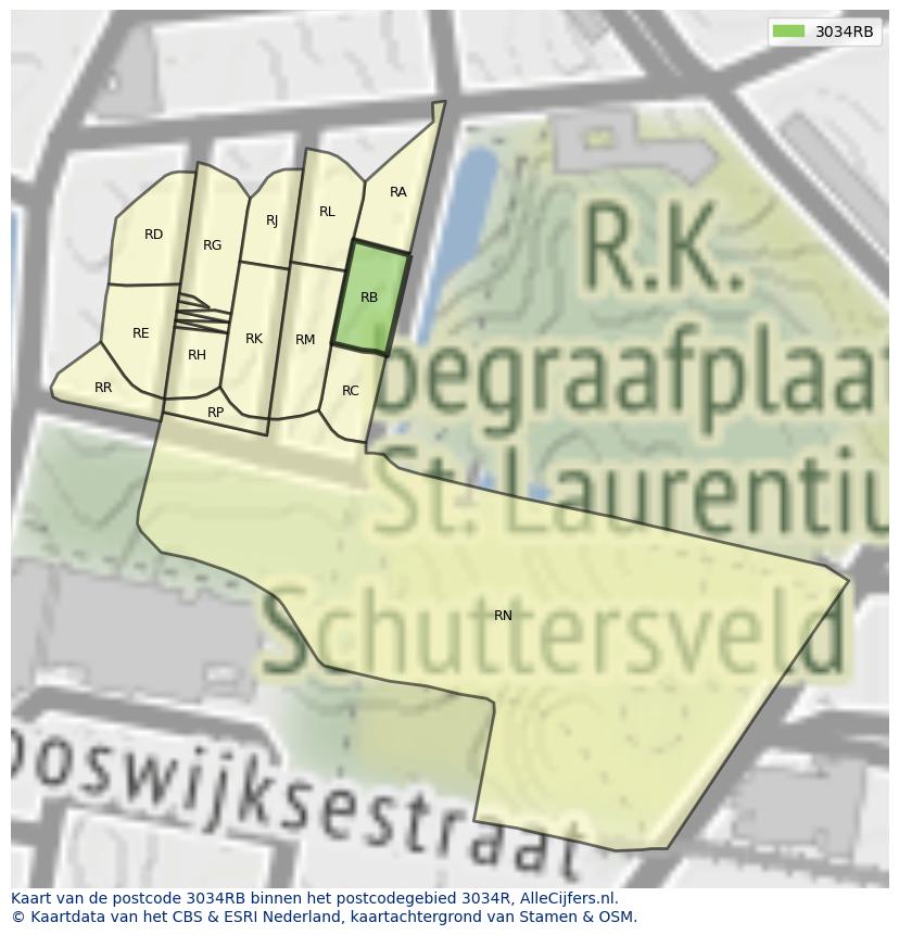 Afbeelding van het postcodegebied 3034 RB op de kaart.