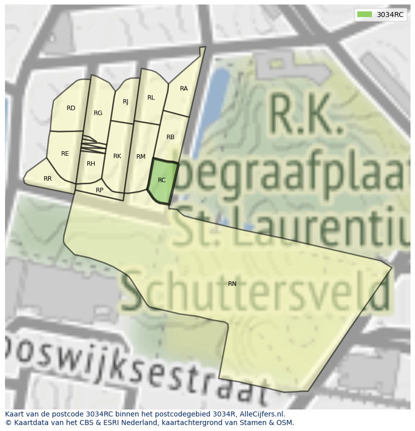 Afbeelding van het postcodegebied 3034 RC op de kaart.