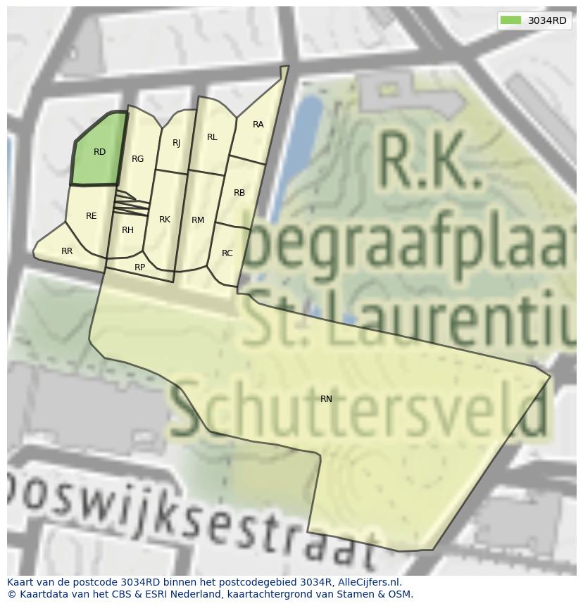 Afbeelding van het postcodegebied 3034 RD op de kaart.