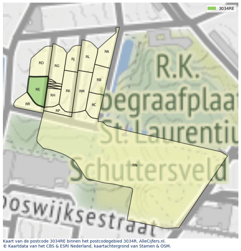 Afbeelding van het postcodegebied 3034 RE op de kaart.